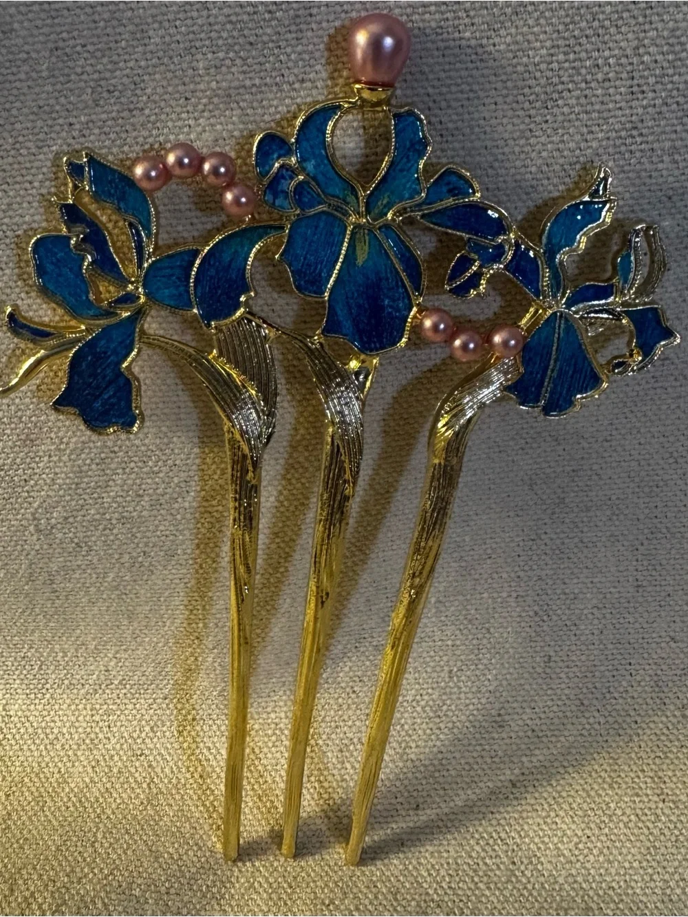 Elegant Blue & Green Enamel & Faux Pink Pearls Floral Gold Tone Metal Hair Fork
